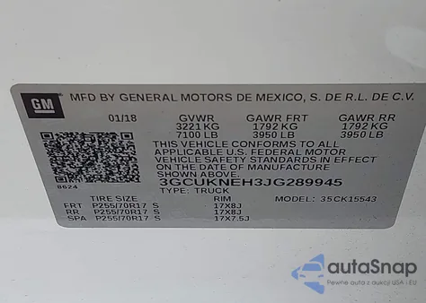 2018 Chevrolet Silverado 1500 Ls из США, поврежденный, VIN 3GCUKNEH3JG289945